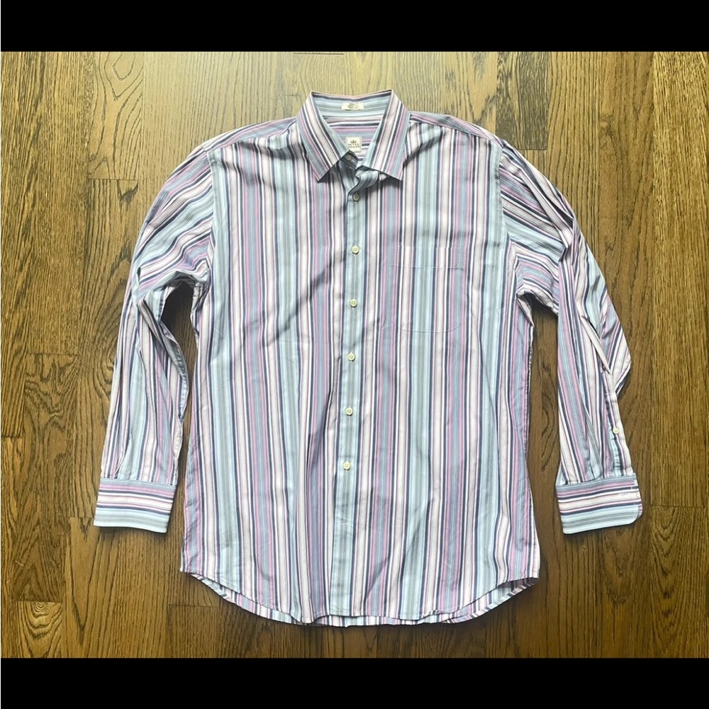 Peter Millar Mens Dress Shirt size Large Pink Blue Striped Long Sleeve Cotton